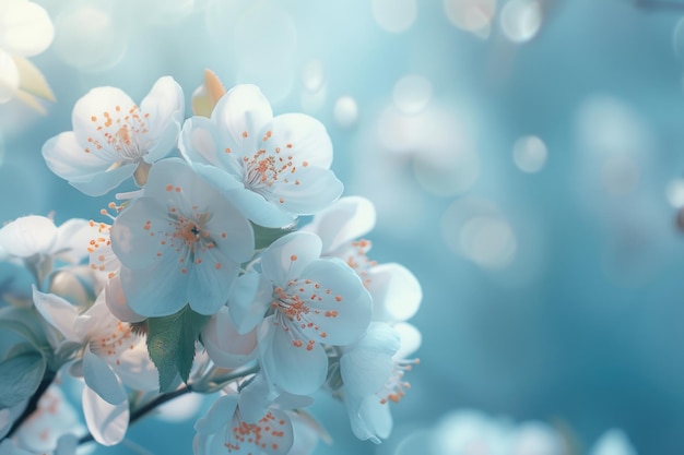 Beautiful spring Bradford pear tree blossoms against a blurred peaceful blue background