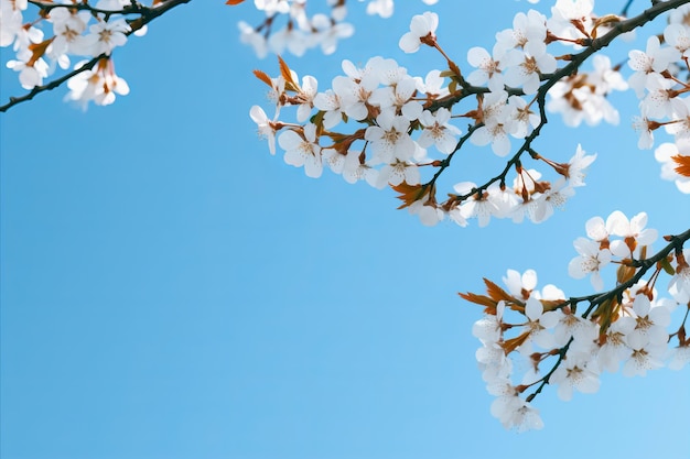 Foto bella composizione primaverile con fiori di ciliegio bianchi in fiore contro un cielo blu limpido