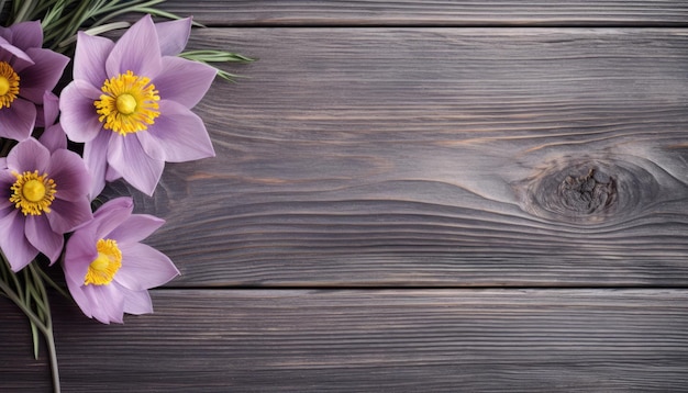 Beautiful spring crocus flowers on wooden background Space for text