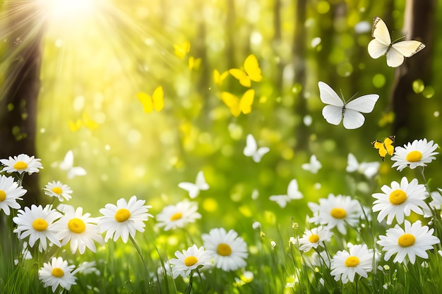 Beautiful spring day with white flowers and butterflies flying in happy scene