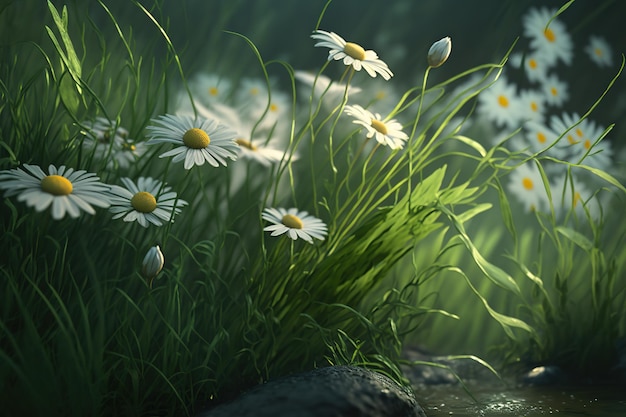 A beautiful spring field with daisies and butterfliesThe beauty of nature Generative AI