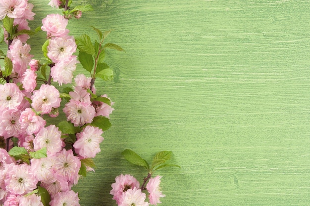 Beautiful spring floral background Almond pink flower on branch and leaves on green wooden table backgroundCopy space