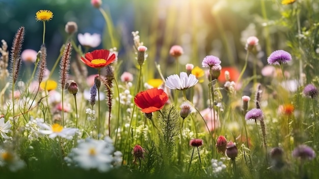 아름다운 봄의 꽃, 여름의 초원, 푸른 하늘을 배경으로 많은 야생 꽃이 피는 다채로운 자연 풍경, 부드러운 선택적 초점의 프레임, 마법의 자연 배경.