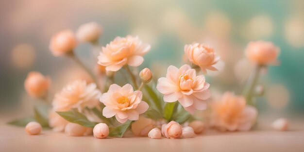 Beautiful spring flowers on blurred bokeh background in trendy Peach Fuzz color Elegant backdrop fo