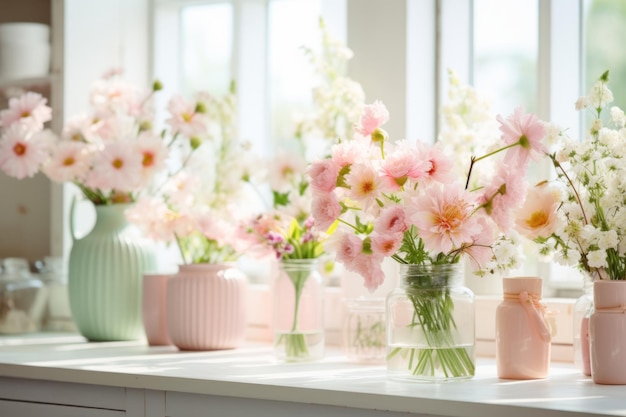 Beautiful spring flowers in ceramic vases on light background Generative AI