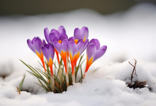 Beautiful spring flowers crocuses spring break out from under the snow