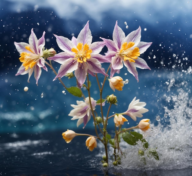 Beautiful spring flowers on a dark background with splashes of water