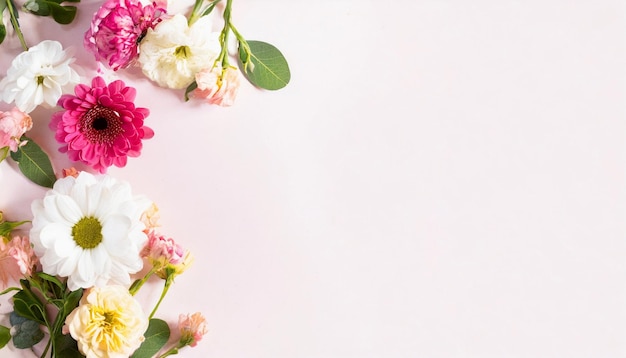 Beautiful spring flowers on light pink background Top view