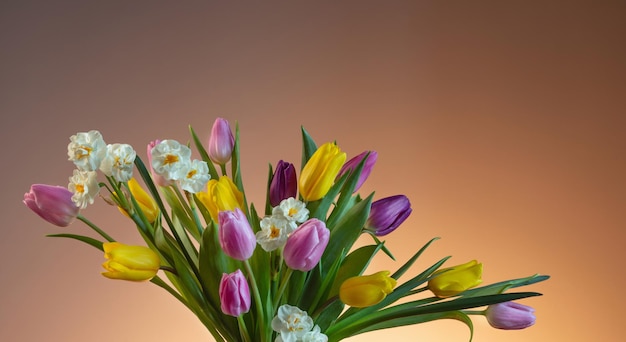 Beautiful spring flowers on orange background