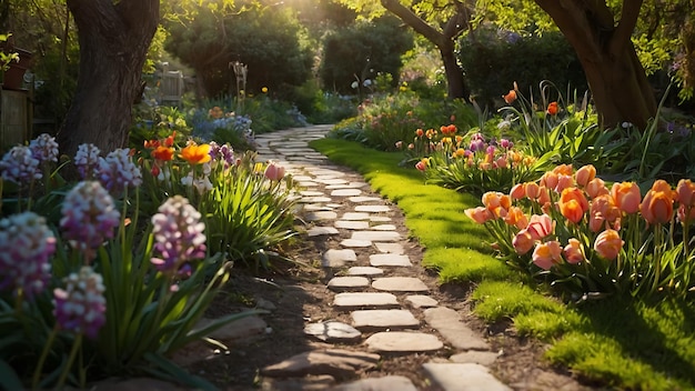 Beautiful spring garden with tulips and crocus flowers in sunlight