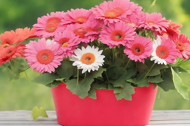 Beautiful spring gerbera flowers in a bucket