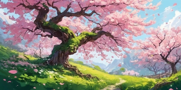 Beautiful spring landscape with blooming cherry tree Digital painting