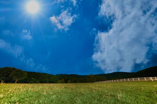 Beautiful spring landscape with blue sky sun and clouds green field with waves