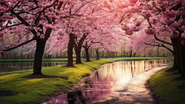 Beautiful spring landscape with flowering trees in the park