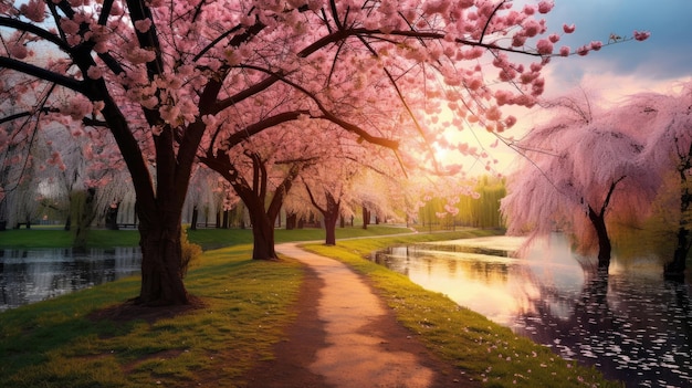 Beautiful spring landscape with flowering trees in the park