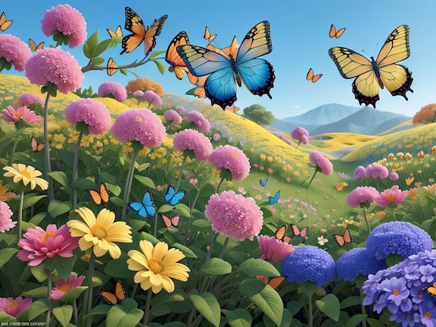 Beautiful spring landscape with flowers and butterflies AIgenerated Image