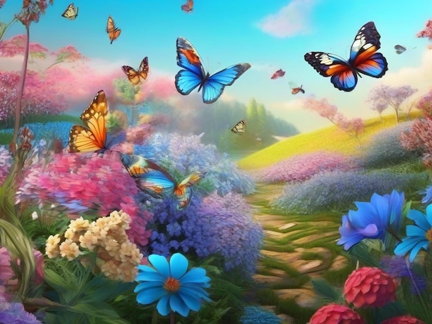 Beautiful spring landscape with flowers and butterflies AIgenerated Image