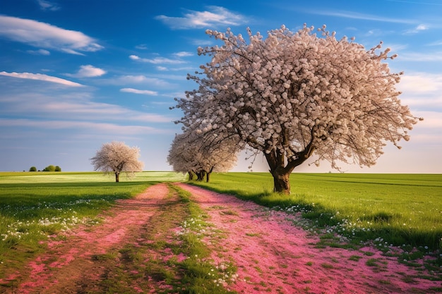 Красивый весенний пейзаж с цветами и деревьями