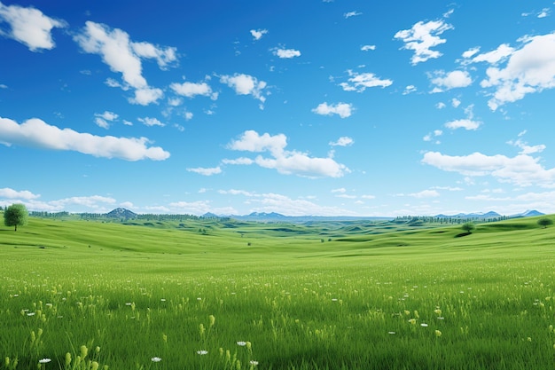 Красивый весенний пейзаж с зеленым лугом и голубым небом с облаками Ai Generated