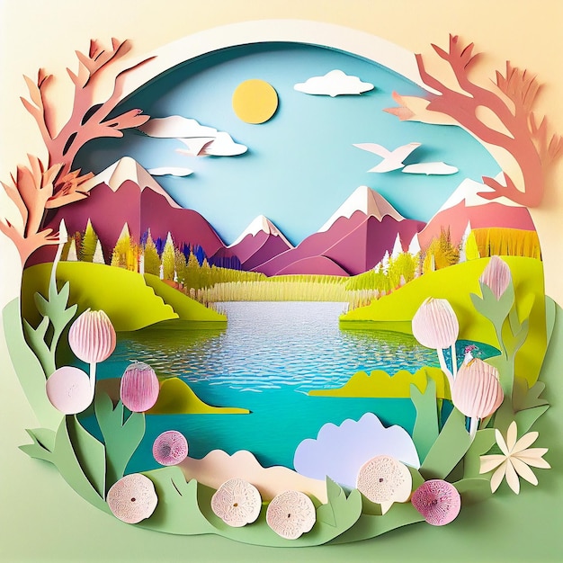 Beautiful spring landscape with a lake background in paper cut style Generative AI