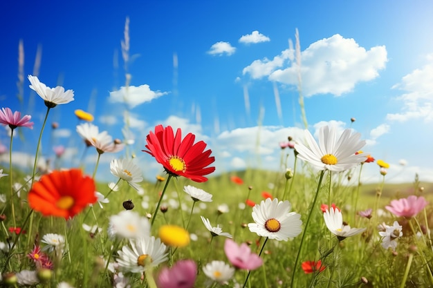 Beautiful spring meadow with colorful wild flowers under a blue sky and sunlight