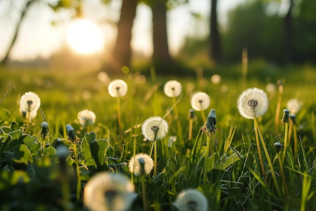 Beautiful spring morning sunrise over fresh green meadow with flowers