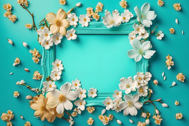 Beautiful spring nature background with lovely blossom, petal a on turquoise blue background frame