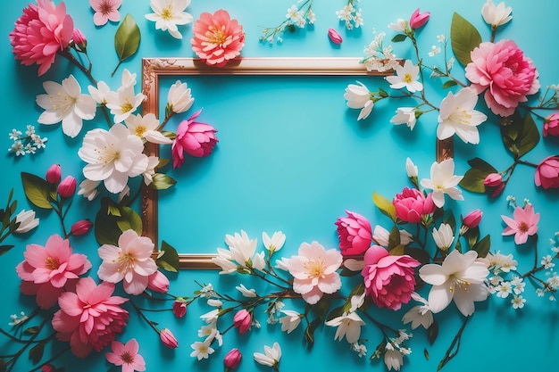 Beautiful spring nature background with lovely blossom petal a on turquoise blue background top view frame springtime concept