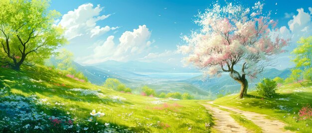 Beautiful spring nature landscape with blooming trees Meadow green hills glade with flowers on s