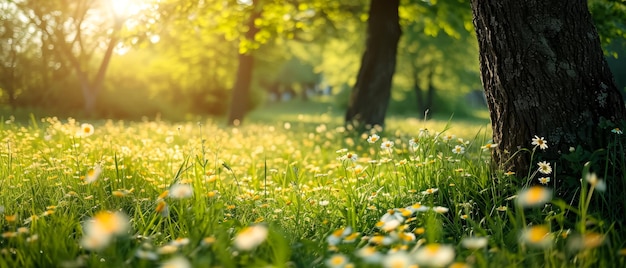 Beautiful spring nature landscape with blooming trees Meadow green hills glade with flowers on s