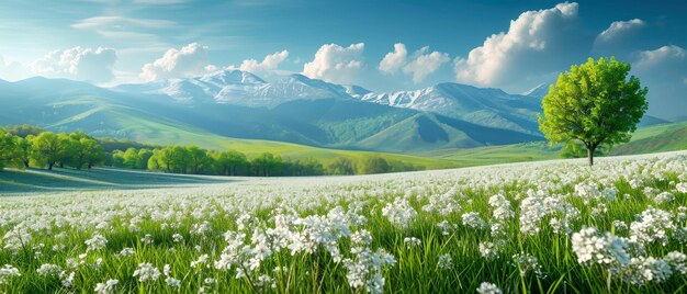 Beautiful spring nature landscape with blooming trees Meadow green hills glade with flowers on s