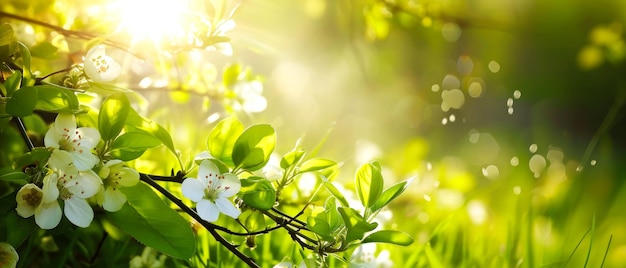 Beautiful spring nature landscape with blooming trees Meadow green hills glade with flowers on s