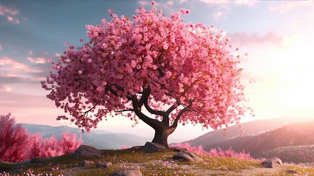 분홍색 꽃이 피는 나무가 있는 아름다운 봄 자연 장면 Generative AI