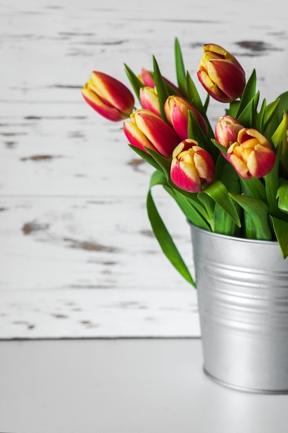 Beautiful spring red tulips in an abstract vase on the grey wall