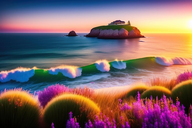아름다운 봄 풍경 다채로운 아침 장면 환상적인 일출 Mediter의 그림 같은 바다 풍경