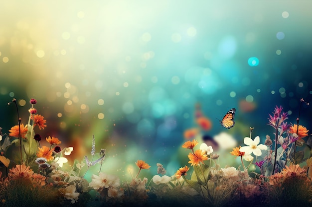 色とりどりの野の花と柔らかな朝の光が織りなす美しい春夏の風景 ジェネレーティブ AI