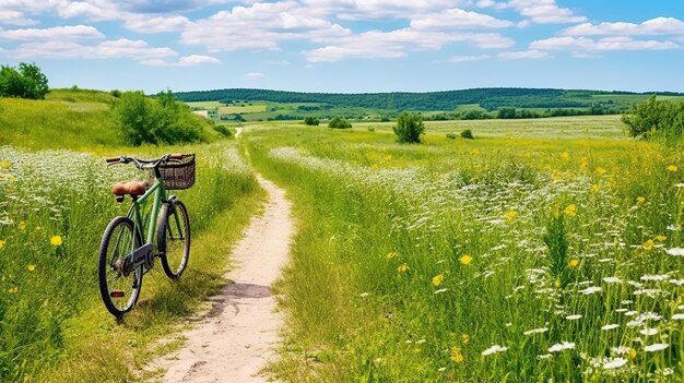 Beautiful spring summer natural landscape with a bicycle on a flowering meadow against a blue sky