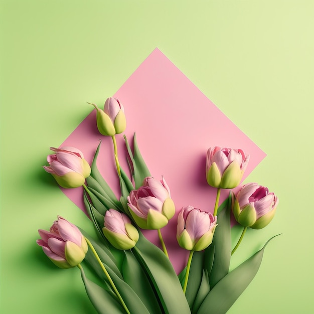 美しい春のチューリップの花背景トップ ビュー フラット レイアウト スタイルで女性や母親のための挨拶