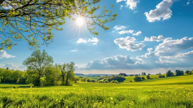 Photo beautiful springtime landscape of countryside sunny day generated ai image