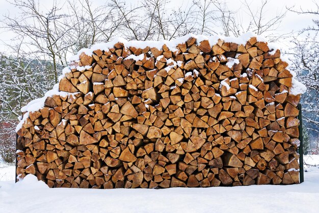 Beautiful stack of chopped firewood in snowy country sunny winter