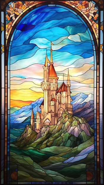 Foto una bellissima vetrata di un castello di montagna colori vivaci moderno design immagine generata dall'ai