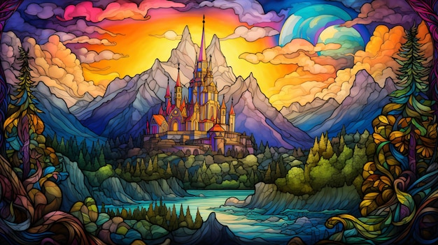 Premium AI Image | A beautiful stained glass window of a mountain castle