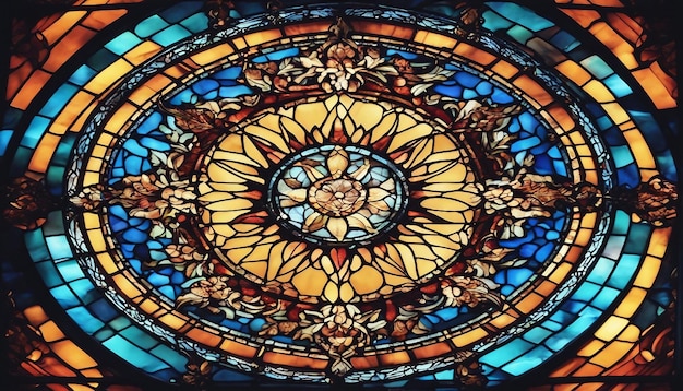Foto una bella vetrata con disegni intricati colori vivaci e luce naturale