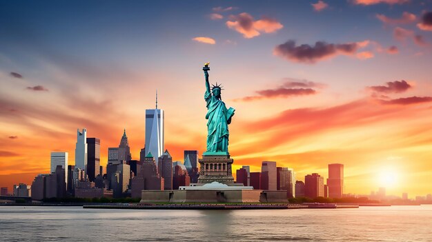 Beautiful Statue Liberty and New York city skyline at sunset