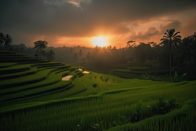 Beautiful stepped green rice fields against sunset background