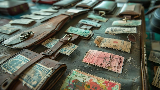 Photo a beautiful still life image of a collection of vintage leather luggage tags and travel stamps