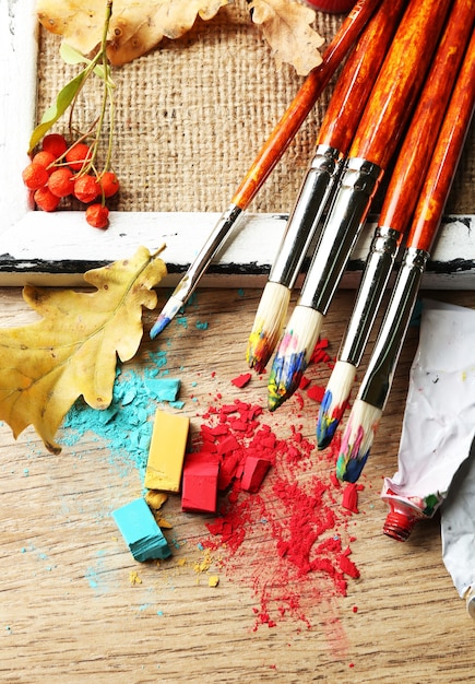 Beautiful still life with professional art materials, close up