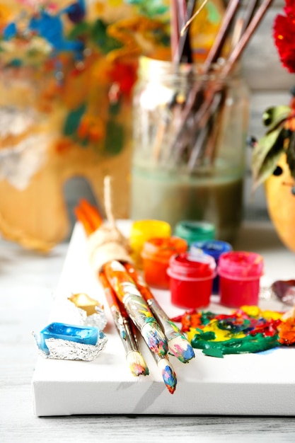 Beautiful still life with professional art materials close up