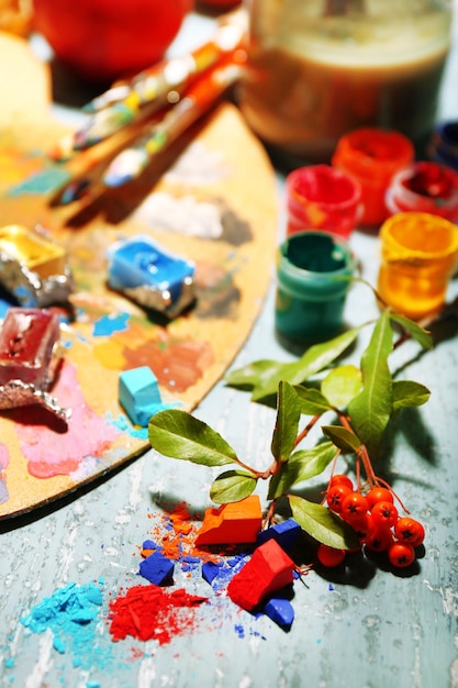 Beautiful still life with professional art materials close up