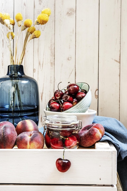 A beautiful still life with ripe fruit on wooden